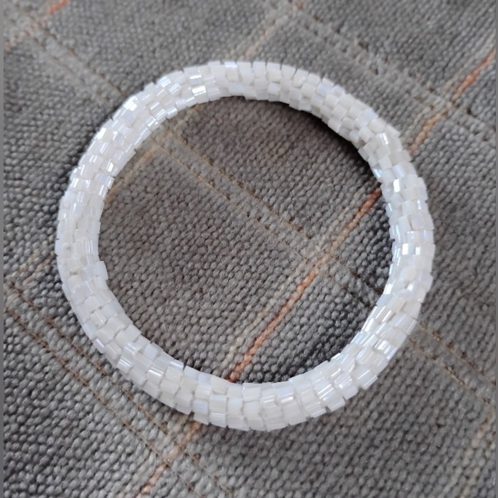 Multiple Layers Of Mini White Shiny Cylinder Shaped Beads Bracelet